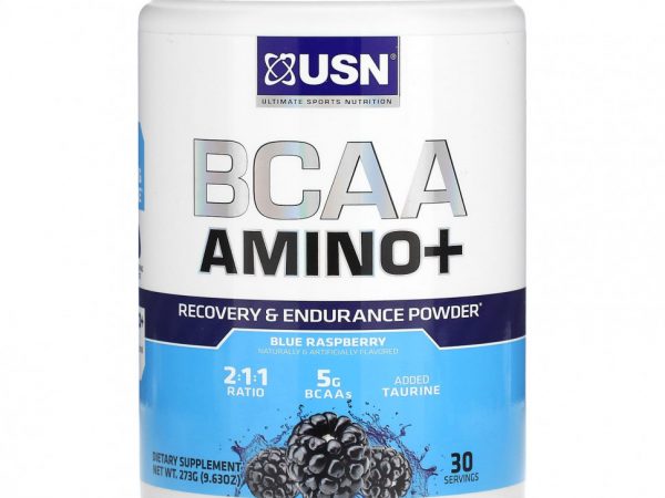 USN, BCAA Amino +, порошок для восстановления и выносливости, голубая малина, 273 г (9,63 унции)