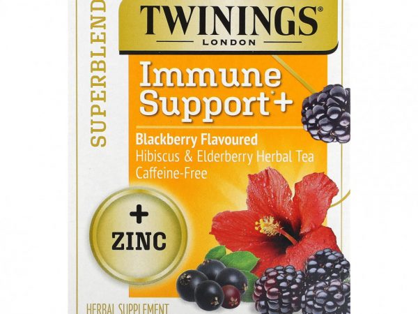 Twinings, Superblends, Immune Support, травяной чай из гибискуса и бузины, ежевика, без кофеина, 16 чайных пакетиков, 32 г (1,12 унции)