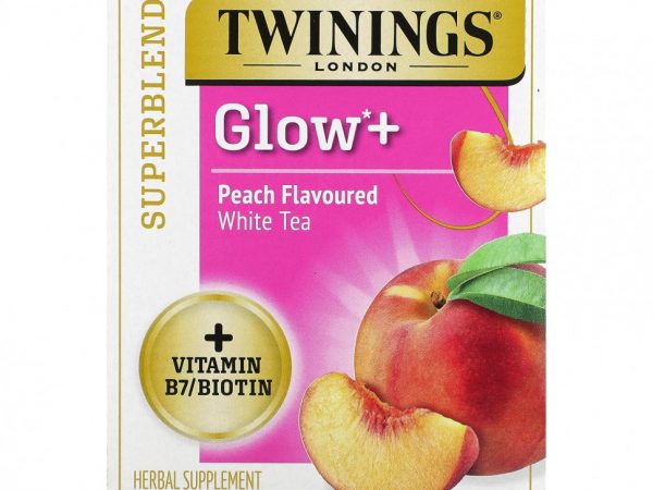 Twinings, Superblends, Glow +, белый чай, персик, 16 чайных пакетиков, 29 г (1,02 унции)