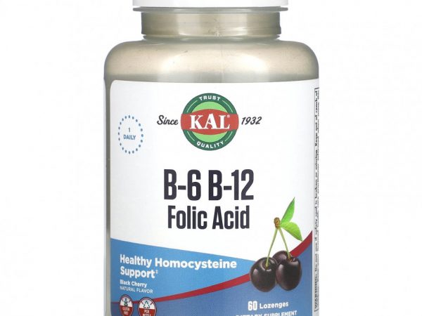 KAL, Фолиевая кислота с витамином B6 и витамином B12, черная вишня, 60 пастилок