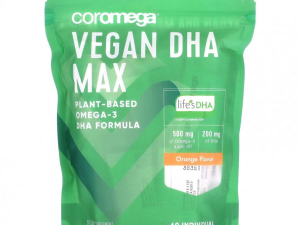 Coromega, Vegan DHA Max, апельсин, 60 индивидуальных пакетиков по 2,5 г