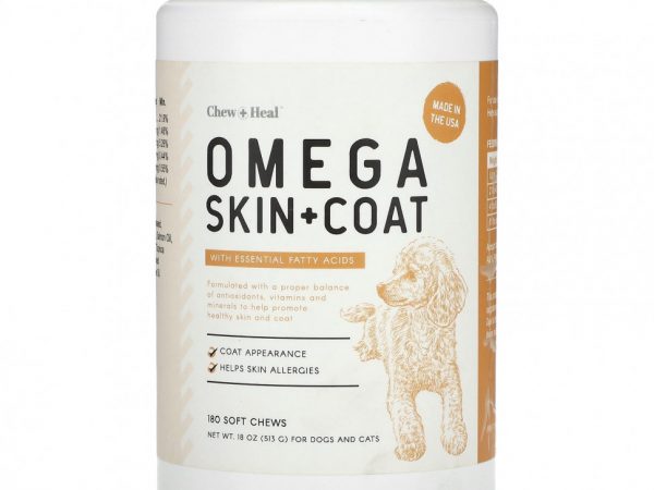 Chew + Heal, Omega Skin + Coat, с незаменимыми жирными кислотами, для собак и кошек, 180 жевательных таблеток, 513 г (18 унций)