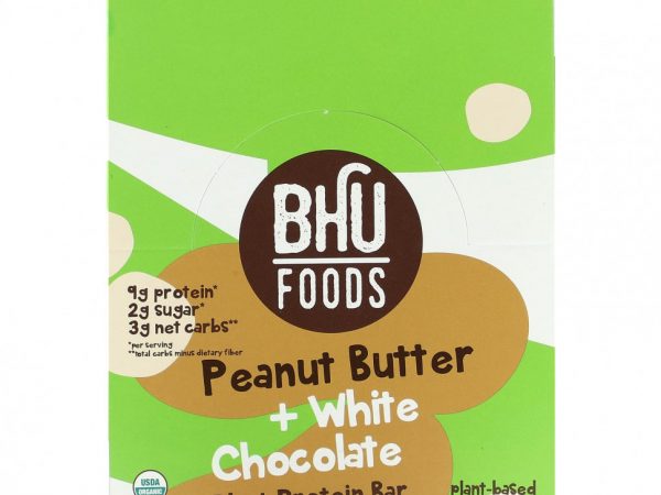 BHU Foods, Растительный протеиновый батончик, арахисовая паста + белый шоколад, 12 батончиков по 45 г (1,6 унции)