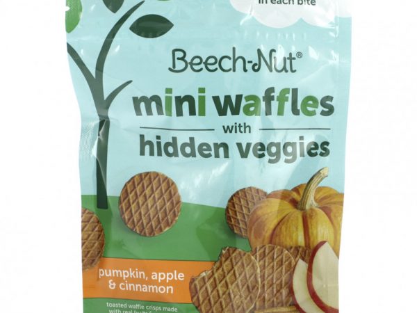 Beech-Nut, Мини-вафли со скрытыми овощами, от 12 месяцев, тыква, яблоко и корица, 90 г (3,2 унции)