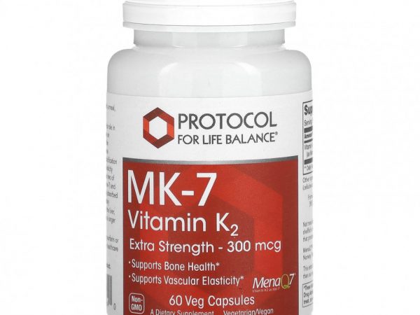 Protocol for Life Balance, MK-7, витамин K2, с повышенной силой действия, 300 мкг, 60 растительных капсул