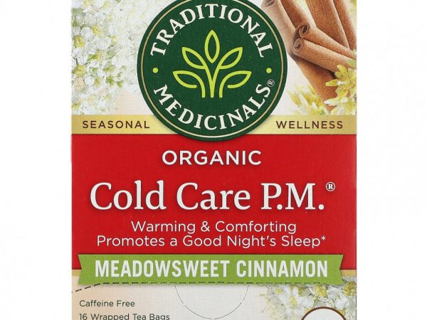 Traditional Medicinals, Organic Cold Care PM, таволга, корица, без кофеина, 16 чайных пакетиков в упаковке, 32 г (1,13 унции) каждый