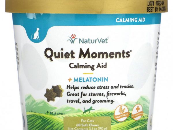 NaturVet, Успокаивающее средство Quiet Moments + мелатонин, для кошек, 60 жевательных таблеток, 90 г (3,1 унции)