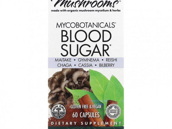 Fungi Perfecti Host Defense, Mushrooms, MycoBotanicals, сахар в крови, 60 капсул