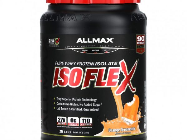 ALLMAX, Isoflex, 100% сверхчистый изолят сывороточного белка (WPI ионная фильтрация), апельсиновый шербет 2 фунта (907 г)