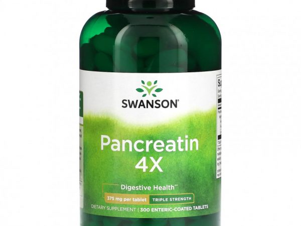 Swanson, Pancreatin 4X, тройная сила действия, 375 мг, 300 таблеток с кишечнорастворимой оболочкой