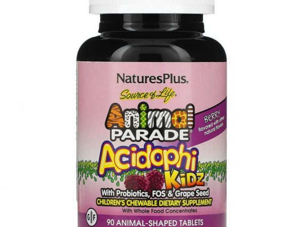 NaturesPlus, Source of Life, Animal Parade, AcidophiKidz, детские жевательные таблетки, натуральный вишневый вкус, 90 таблеток в форме животных
