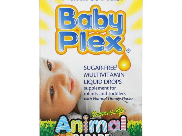 NaturesPlus, Source of Life, Animal Parade, Baby Plex, жидкие мультивитаминные капли без сахара, с натуральным вкусом апельсина, 2 жидкие унции (60 мл)