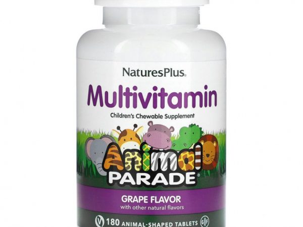 NaturesPlus, Детская добавка с мультивитаминами и микроэлементами, натуральный ароматизатор «Виноград», 180 жевательных таблеток в виде фигурок животных