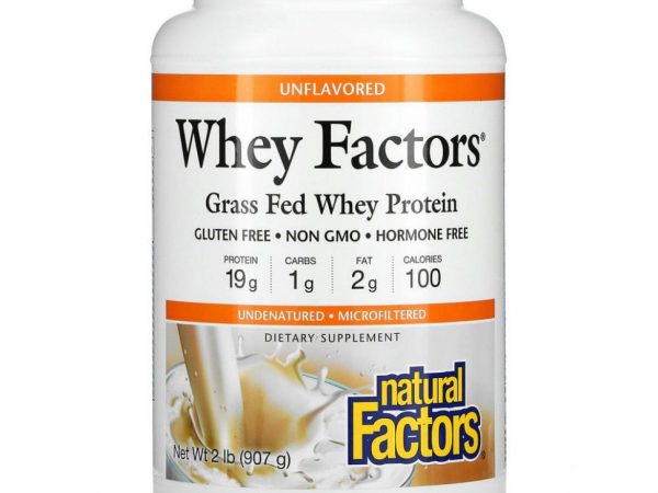 Natural Factors, Whey Factors, сывороточный белок молока коров травяного откорма, без ароматизаторов, 907 г (2 фунта)