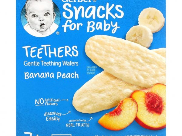Gerber, прорезыватели, вафли для мягкого прорезывания зубов, для малышей от 7 месяцев, банан и персик, 12 пакетиков по 2 вафли в каждом