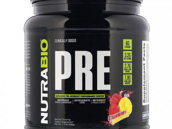 NutraBio Labs, Предтренировочный комплекс, клубника и лимон, 596 г (1,31 фунта)