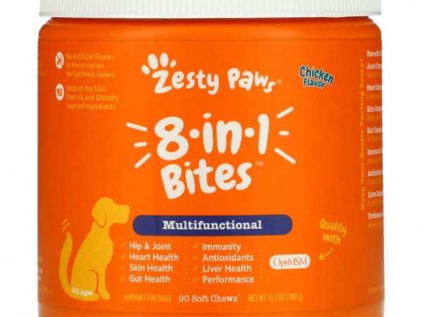 Zesty Paws, Multivitamin Bites, мультивитаминная добавка для собак 5 в 1, для повышения тонуса, для любого возраста, со вкусом курицы, 90 мягких жевательных таблеток, 360 г (12,7 унции)