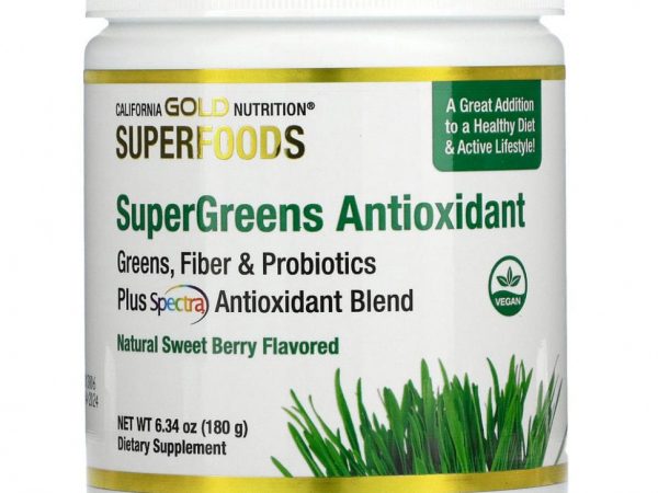 California Gold Nutrition, SUPERFOODS, комплекс антиоксидантов из суперзелени, зелень, клетчатка и пробиотики, со вкусом сладких ягод, 180 г (6,34 унции)