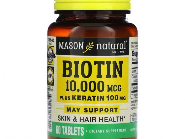 Mason Natural, биотин с кератином, 10 000 мкг, 60 таблеток