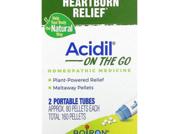 Boiron, Acidil On The Go, для облегчения симптомов изжоги, 2 переносные тубы, 80 гранул в каждой