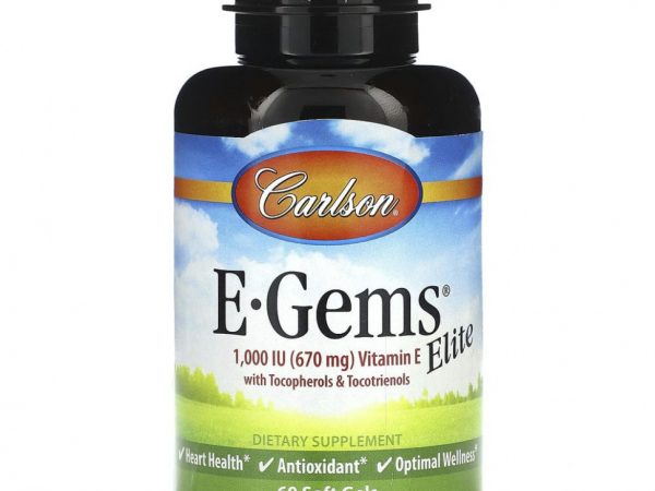 Carlson, E-Gems Elite, витамин E с токоферолами и токотриенолами, 670 мг (1000 МЕ), 60 мягких таблеток