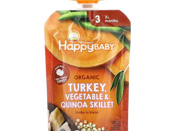 Happy Family Organics, Happy Baby, от 7 месяцев, органические сковороды с индейкой, овощами и киноа, 99 г (3,5 унции)