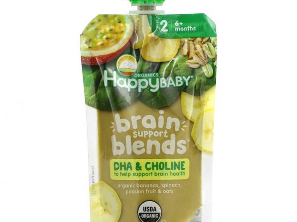 Happy Family Organics, Happy Baby, смеси для поддержки мозга, от 6 месяцев, органические бананы, шпинат, маракуйя и овес, 113 г (4 унции)