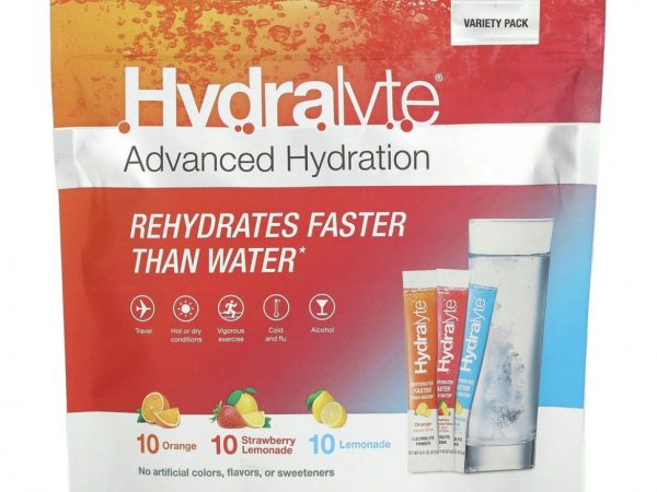 Hydralyte, Advanced Hydration, Variety Pack, апельсин, клубничный лимонад, лимонад, 30 пакетиков по 6 г (0,21 унции)