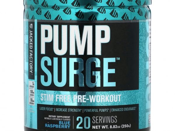 Jacked Factory, Pump Surge, предтренировочный комплекс без стимуляторов, со вкусом голубой малины, 250 г (8,82 унции)