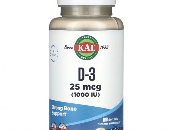 KAL, D-3, 25 мкг (1000 МЕ), 100 мягких таблеток