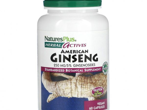 NaturesPlus, Herbal Actives, американский женьшень, 250 мг, 60 веганских капсул