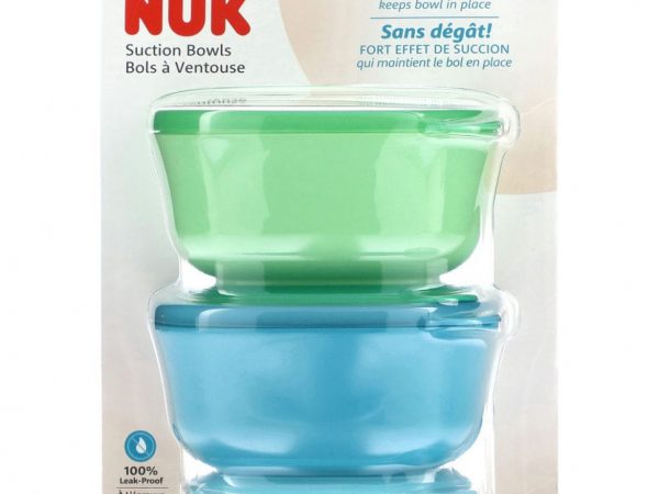 NUK, Миски с присосками, для детей от 6 месяцев, синие и зеленые, 2 чаши + 2 крышки