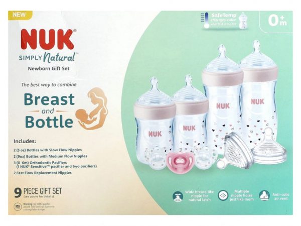 NUK, Simply Natural Bottle with SafeTemp, подарочный набор для новорожденных, от 0 месяцев, 9 шт.