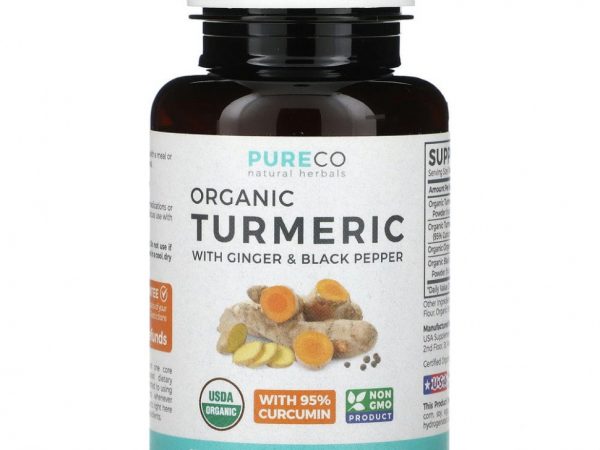 Pure Co., Natural Herbals, органическая куркума с имбирем и черным перцем, 60 веганских капсул