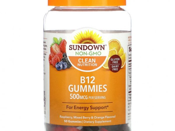 Sundown Naturals, Витамин B12, малина, ягодное ассорти и апельсин, 250 мкг, 50 жевательных таблеток