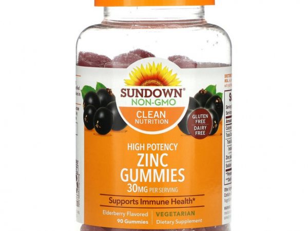 Sundown Naturals, Жевательные таблетки с цинком, высокоэффективные, с бузиной, 15 мг, 90 жевательных таблеток