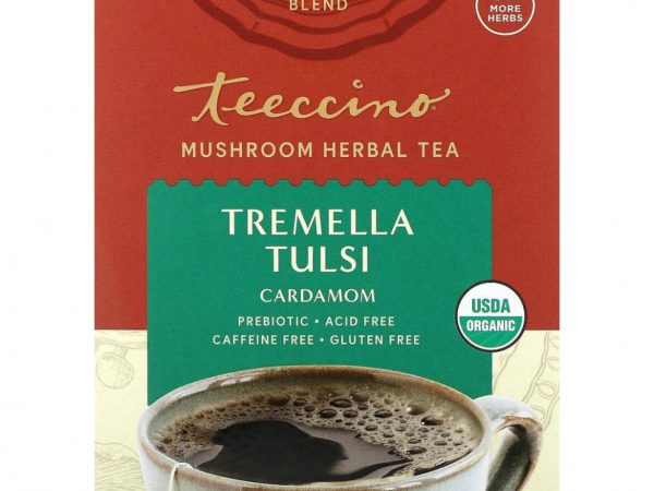 Teeccino, Травяной чай с грибами, тремелла тулси, кардамон, без кофеина, 10 чайных пакетиков, 60 г (2,12 унции)
