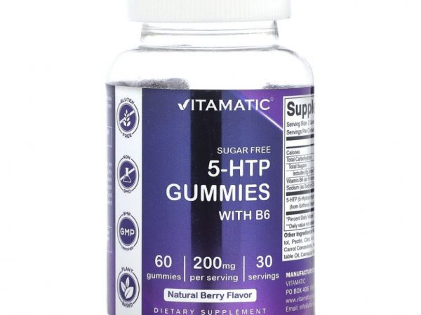 Vitamatic, 5-HTP жевательные мармеладки с витамином B6, натуральные ягоды, 100 мг, 60 жевательных таблеток