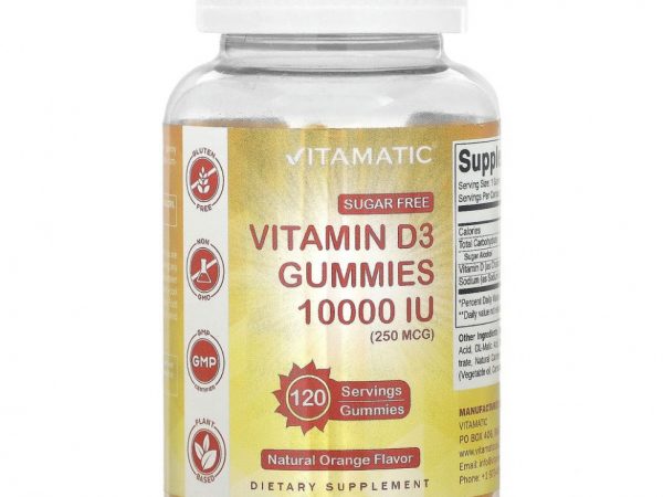 Vitamatic, Без сахара, витамин D3, апельсин, 250 мкг (10 000 МЕ), 120 жевательных таблеток