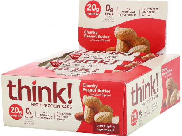 Think !, Высокопротеиновые батончики, кусочки арахисовой пасты, 10 батончиков по 60 г