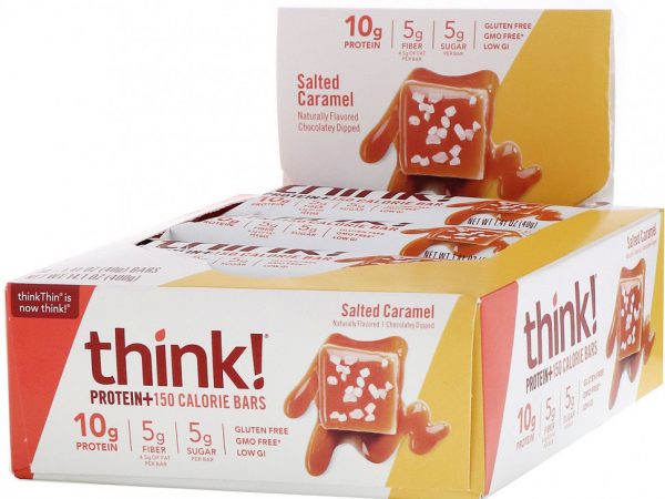 Think !, Батончики Protein + 150 Calorie, соленая карамель, 10 батончиков по 1,41 унции (40 г) каждый