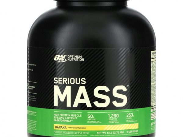 Optimum Nutrition, Serious Mass, порошок для набора веса (гейнер) с высоким содержанием протеина, вкус банан, 2720 г (6 lb)