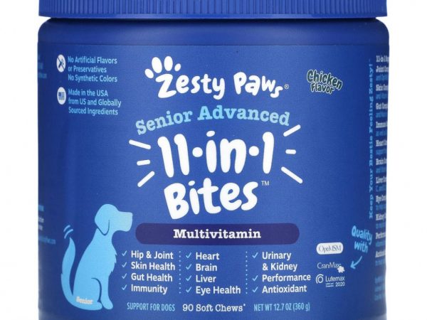 Zesty Paws, Advanced 11 in 1 Multifunctional Bites, улучшенная формула для взрослых собак, со вкусом курицы, 90 жевательных таблеток