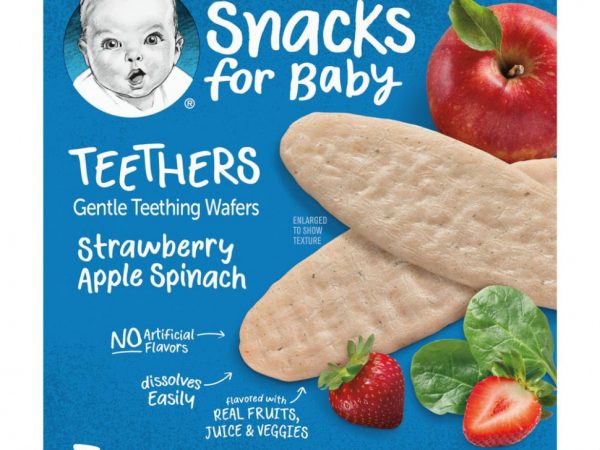 Gerber, прорезыватели, вафли для мягкого прорезывания зубов, для малышей от 7 месяцев, клубника, яблоко и шпинат, 12 пакетиков, по 2 вафли в каждом