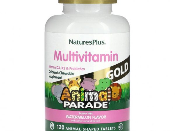 NaturesPlus, Source of Life Animal Parade Gold, жевательная мультивитаминная добавка с микроэлементами для детей, со вкусом арбуза, 120 таблеток в форме животных