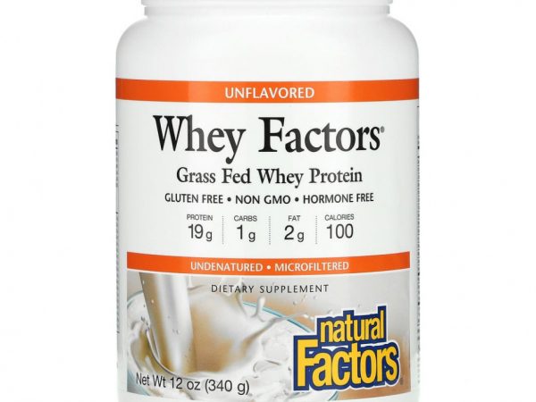 Natural Factors, Whey Factors, 100% натуральный сывороточный белок, без ароматизаторов, 12 унций (340 г)