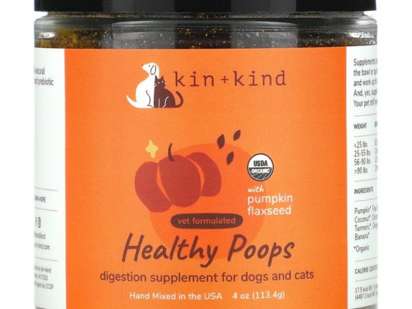 Kin+Kind, Healthy Poops, добавка для здорового пищеварения, с тыквой и семенами льна, для собак и кошек, 1134 г (4 унции)