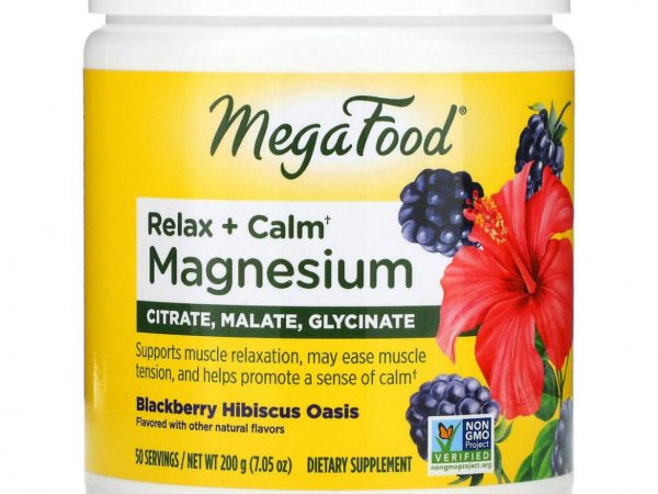 MegaFood, Relax + Calm Magnesium, Оазис ежевики и гибискуса, 7,05 унции (200 г)