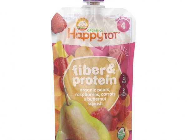 Happy Family Organics, Happytot, клетчатка и белок, этап 4, органические груши, малина, морковь и мускатная тыква, 113 г (4 унции)