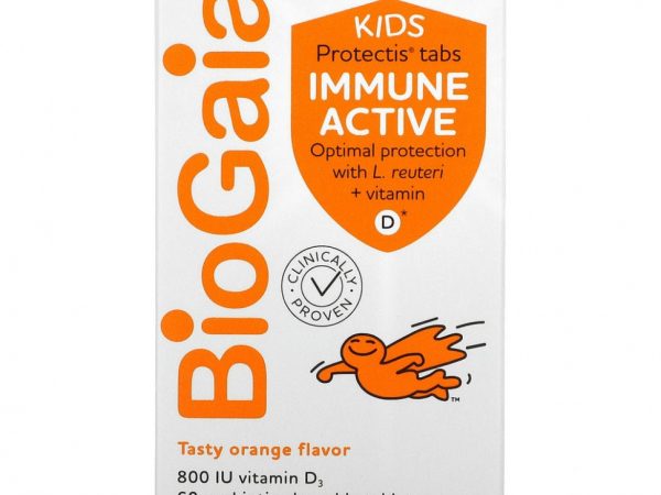 BioGaia, Kids, Immune Active with L. Reuteri + витамин D, апельсин, 60 жевательных таблеток с пробиотиками